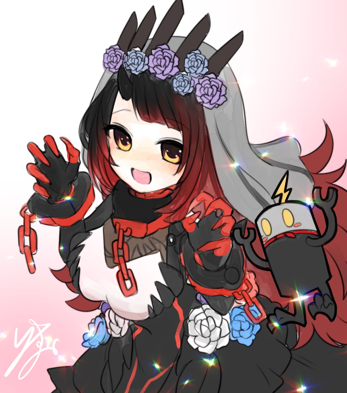 1girl, battery, black_dress, black_hair, broken, broken_chain, broken_handcuffs, chain