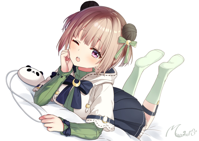 1girl, ;o, bed_sheet, black_bow, black_skirt, blush, bow, brown_hair