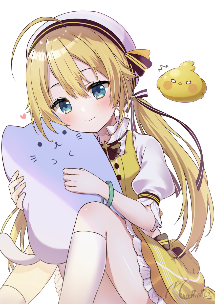 1girl, ^^^, ahoge, asymmetrical_legwear, bangs, beret, blonde_hair, blue_eyes