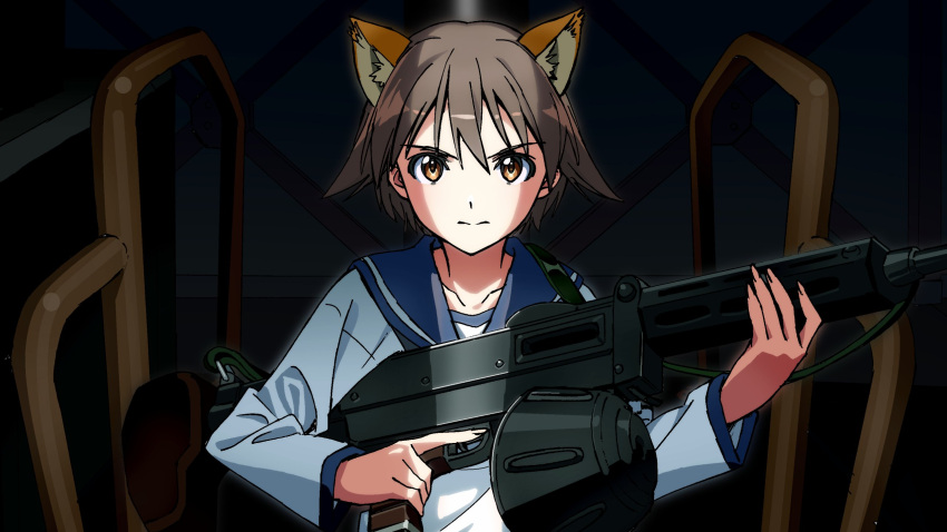 1girl, animal_ears, bangs, blouse, blue_sailor_collar, brown_hair, closed_mouth, commentary