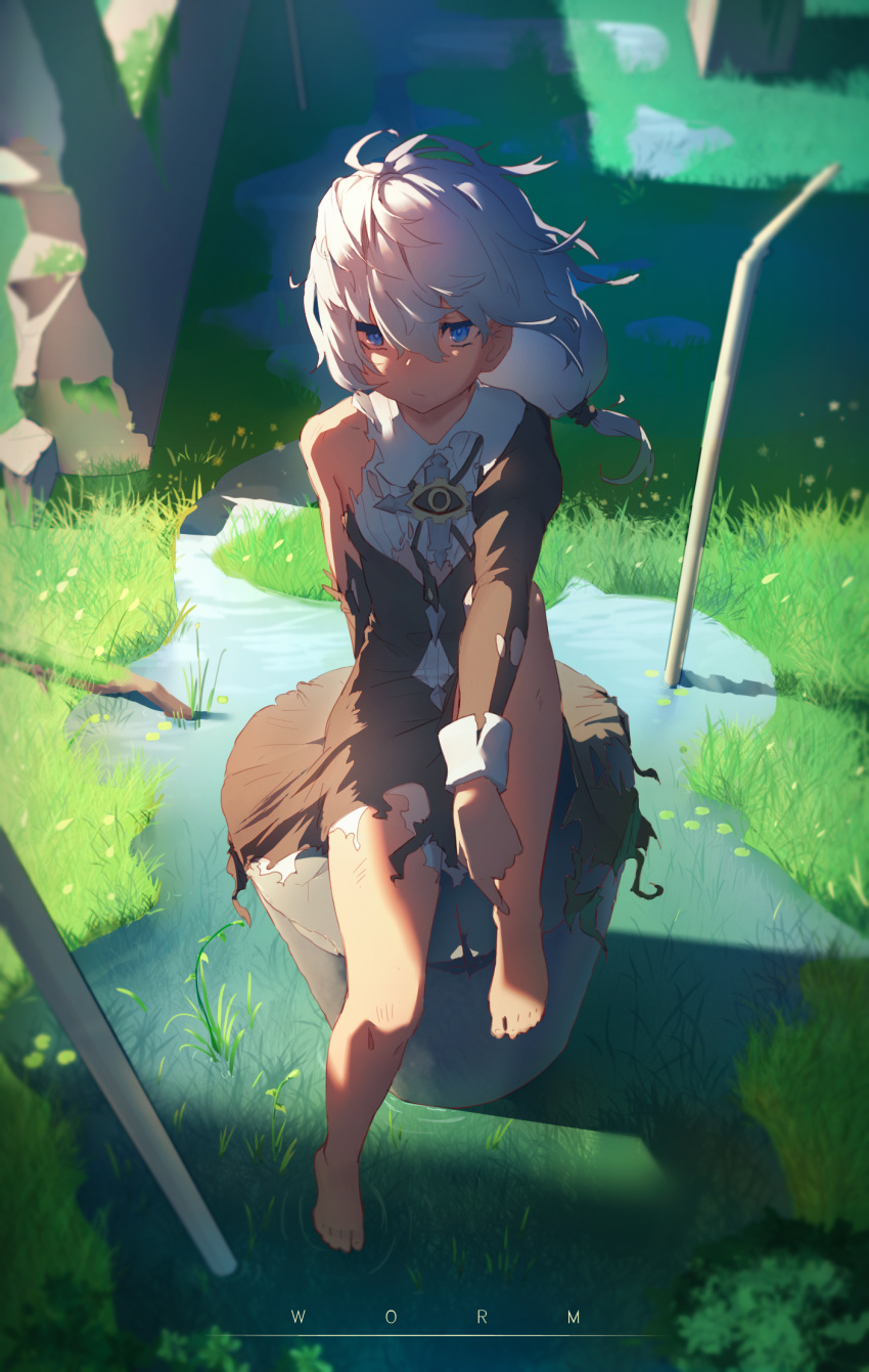 1girl, barefoot, blue_eyes, dress, hei_huo_chong, highres, honkai_(series), honkai_impact_3rd