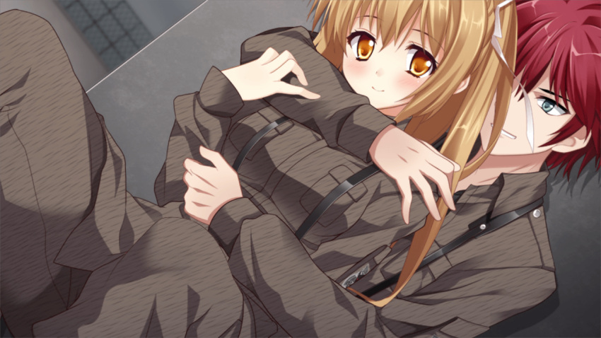 1boy, 1girl, aqua_eyes, bangs, blush, breasts, brown_hair, closed_mouth