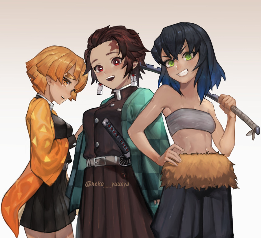 3girls, agatsuma_zenitsu, bandeau, bare_shoulders, belt, black_hair, black_skirt, blue_hair
