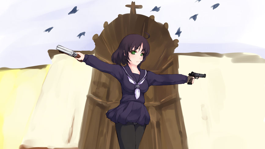 bird, black_hair, blue_dress, church, dress, dual_wielding, green_eyes, grey_sky