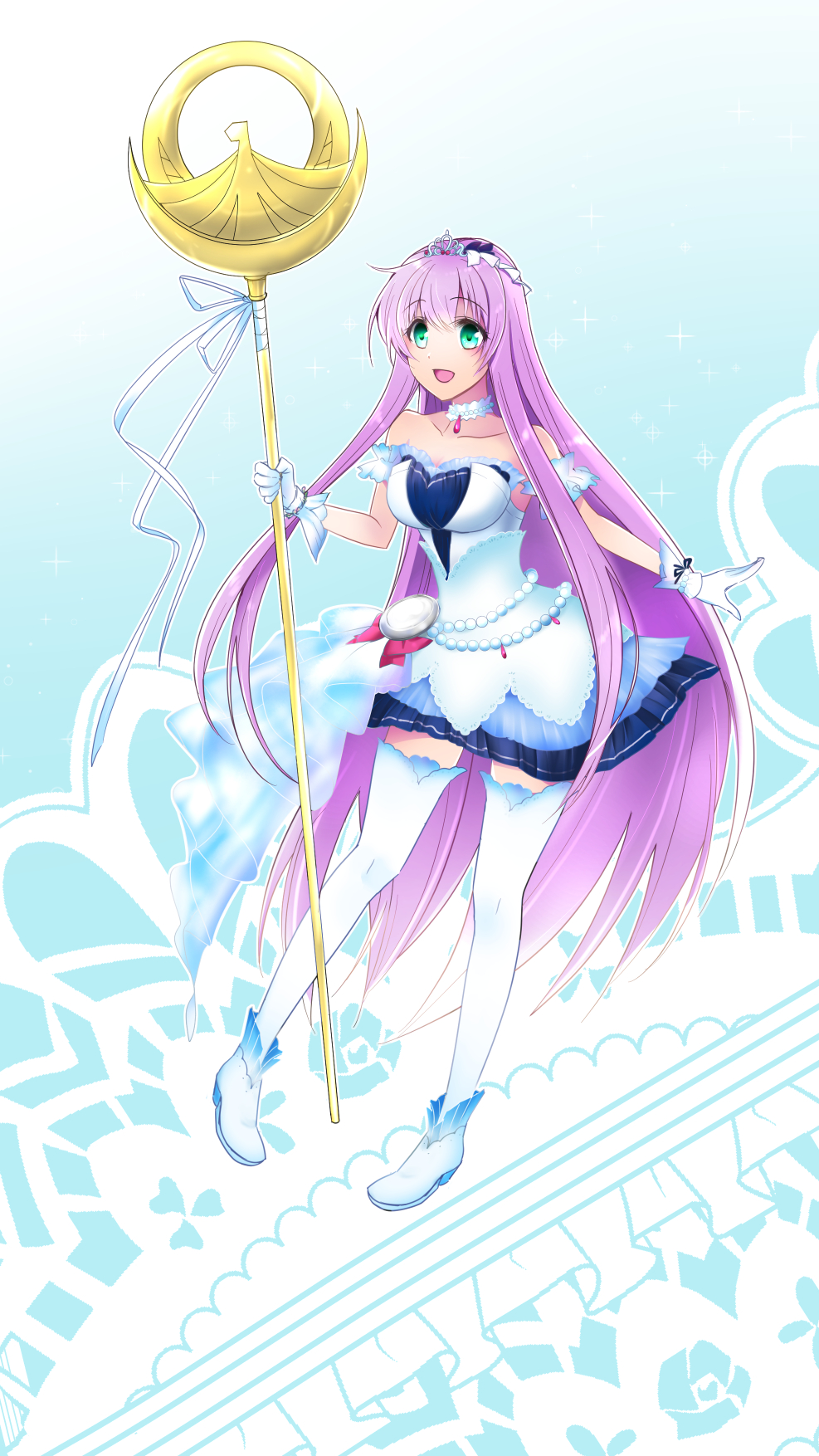 1girl, :d, bangs, blue_skirt, choker, collarbone, diadem, eyebrows_visible_through_hair, full_body, gloves, grey_eyes, hair_between_eyes, highres, holding, holding_staff, jo_tashiro, layered_skirt, long_hair, miniskirt, open_mouth, pink_hair, ribbon, saint_seiya:_the_lost_canvas, sasha_(saint_seiya:_the_lost_canvas), shiny, shiny_hair, skirt, smile, solo, staff, thigh-highs, very_long_hair, white_choker, white_gloves, white_legwear, white_ribbon, zettai_ryouiki