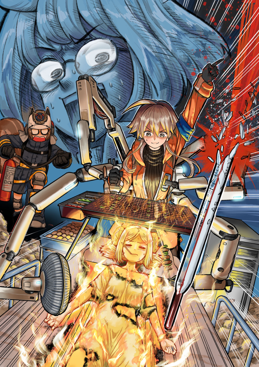 4girls, ahoge, arknights, bed, blonde_hair, brown_eyes, brown_hair, burning