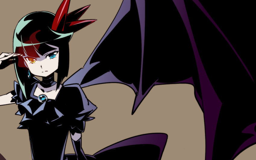 black_hair, blue_eyes, brown_background, dark_precure, demon_wings, futari_wa_pretty_cure, gem, heartcatch_precure!, heartcatch_pretty_cure!, heterochromia, highres, himukai_yuji, himukai_yuuji, precure, solo, wallpaper, wings, yellow_eyes
