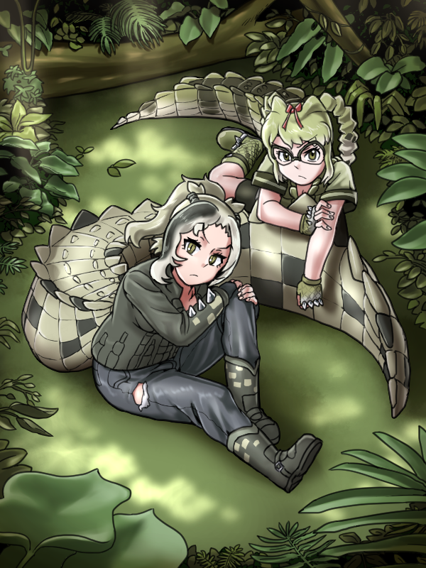 2girls, glasses, haegiwa_gonbee, kemono_friends, saltwater_crocodile_(kemono_friends), spectacled_caiman_(kemono_friends), tagme, tail