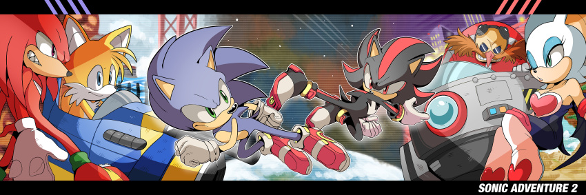1girl, 5boys, animal_nose, blue_eyes, breasts, copyright_name, dr._eggman, evil_grin