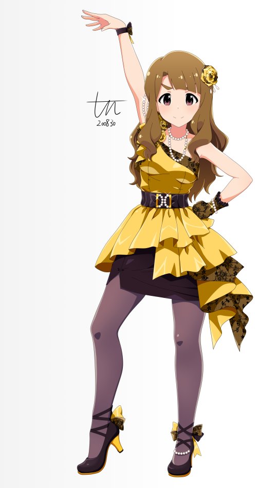 1girl, arm_up, artist_name, asymmetrical_bangs, asymmetrical_sleeves, bangs, black_footwear, black_gloves, black_legwear, bracelet, brown_eyes, brown_hair, closed_mouth, commentary_request, dated, diagonal_bangs, dress, flower, gloves, hair_flower, hair_ornament, hand_on_hip, heel_up, high_heels, idolmaster, idolmaster_million_live!, jewelry, layered_dress, long_hair, looking_at_viewer, miyao_miya, necklace, pantyhose, pearl_bracelet, pearl_necklace, short_dress, signature, simple_background, single_glove, smile, solo, standing, tun, white_background, yellow_dress, yellow_footwear