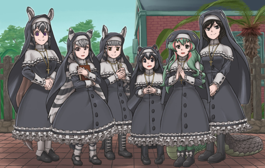 artist_request, black_dress, black_mamba_(kemono_friends), boomslang_(kemono_friends), chapman's_zebra_(kemono_friends), character_request, dress, haegiwa_gonbee