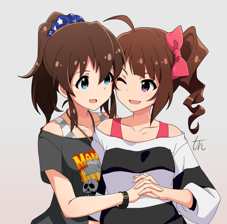 2girls, ahoge, artist_name, bangs, black_shirt, blue_eyes, blue_scrunchie, bodysuit