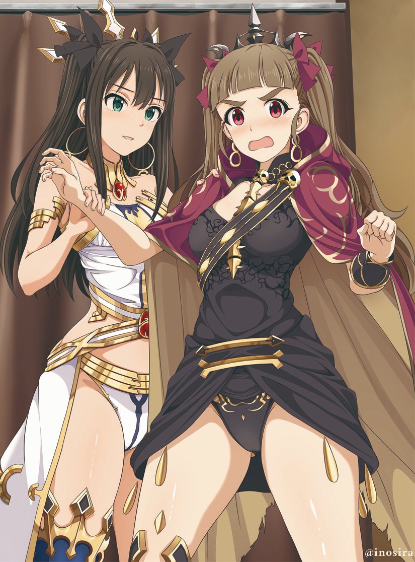 2girls, armband, ass_visible_through_thighs, bangs, bikini, bikini_bottom, blunt_bangs, blush, bow, brown_hair, cloak, cosplay, crown, cuffs, earrings, embarrassed, ereshkigal_(fate), ereshkigal_(fate)_(cosplay), fate/grand_order, fate_(series), gold_trim, gorget, green_eyes, hair_bow, hand_on_another's_arm, hoop_earrings, idolmaster, idolmaster_cinderella_girls, inoshira, ishtar_(fate), ishtar_(fate)_(all), ishtar_(fate)_(cosplay), jewelry, kamiya_nao, leotard, long_hair, multiple_girls, red_eyes, shibuya_rin, single_thighhigh, swimsuit, thick_eyebrows, thigh-highs, thighs, twintails, waist_cape