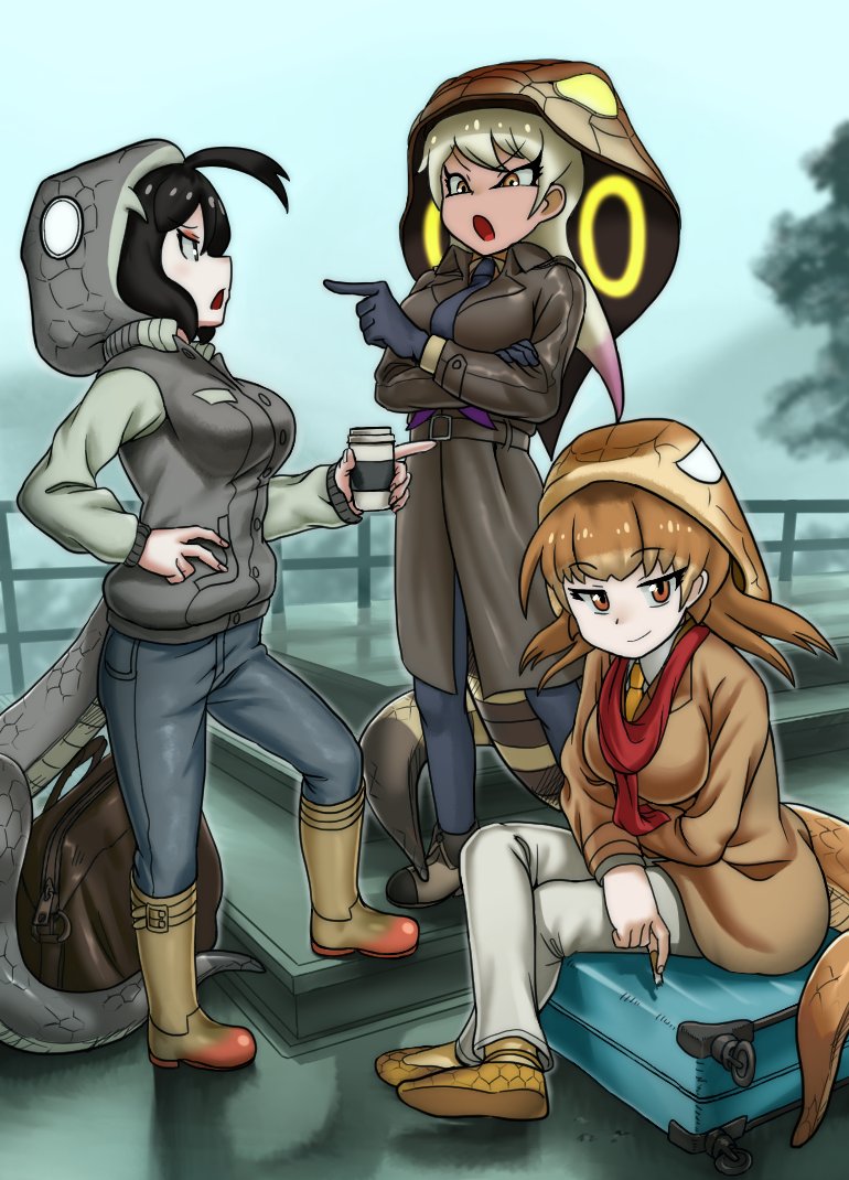 black_mamba_(kemono_friends), haegiwa_gonbee, kemono_friends, king_cobra_(kemono_friends), snake_tail, tail, taipan_(kemono_friends)