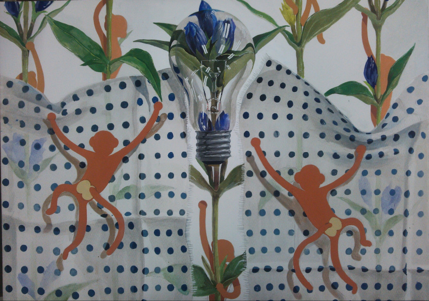 animal, blue_flower, climbing, fabric, flower, gentiana_(flower), highres, leaf