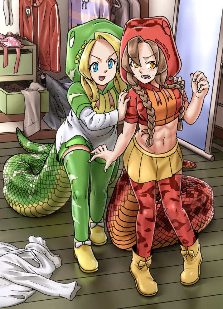 2girls, amazon_tree_boa_(kemono_friends), emerald_tree_boa_(kemono_friends), haegiwa_gonbee, kemono_friends, skirt, snake_tail, tagme, tail