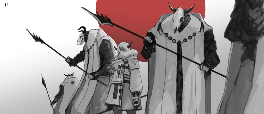 1girl, 4others, absurdres, armor, black_horns, black_legwear, circle, coat