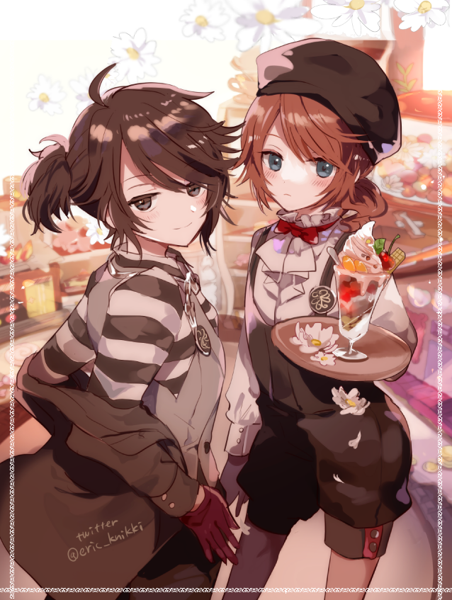 2boys, ahoge, alternate_costume, black_eyes, blue_eyes, blush, bow, bowtie