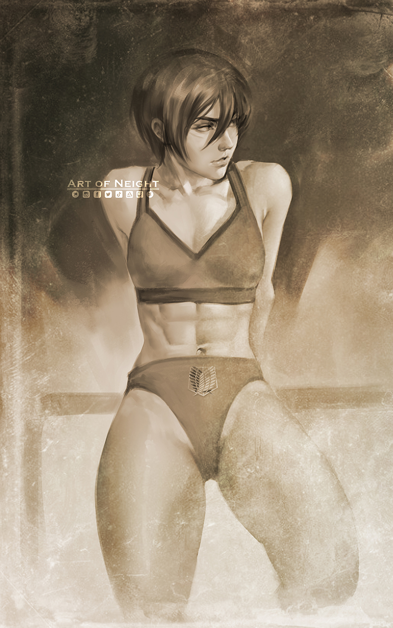1girl, abs, arm_support, breasts, highres, looking_to_the_side, midriff, mikasa_ackerman, monochrome, nate_artuz, navel, sepia, shingeki_no_kyojin, solo, survey_corps_(emblem), swimsuit, thighs