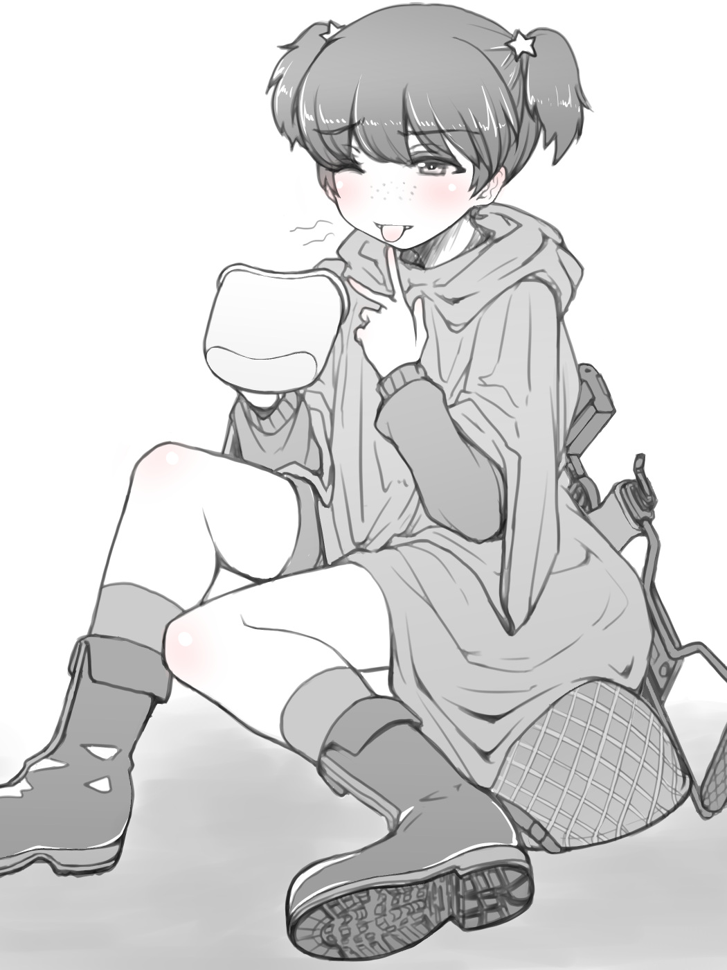 1girl, ;p, alisa_(girls_und_panzer), bangs, boots, canteen_cup, commentary, eyebrows_visible_through_hair