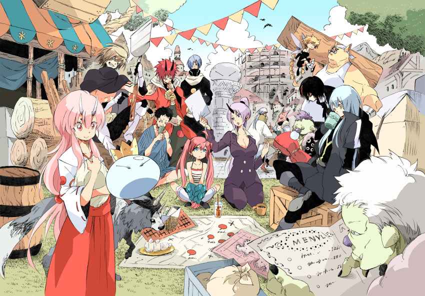 1other, 4girls, 6+boys, absurdres, benimaru_(tensei_shitara_slime_datta_ken), blonde_hair, blue_eyes, blue_hair, braid, brown_hair, clone, coat, cover, cover_image, cover_page, day, diablo_(tensei_shitara_slime_datta_ken), fairy, gabil_(tensei_shitara_slime_datta_ken), gerudo_(tensei_shitara_slime_datta_ken), goblin, gobuta_(tensei_shitara_slime_datta_ken), hakama, hakurou_(tensei_shitara_slime_datta_ken), highres, horns, japanese_clothes, kurobe_(tensei_shitara_slime_datta_ken), lizard, long_hair, makkamu, map, milim_nava, multiple_boys, multiple_girls, novel_cover, novel_illustration, official_art, orc, pink_hair, purple_hair, ramirisu, ranga_(tensei_shitara_slime_datta_ken), red_eyes, redhead, rigurudo_(tensei_shitara_slime_datta_ken), rimuru_tempest, shion_(tensei_shitara_slime_datta_ken), shuna_(tensei_shitara_slime_datta_ken), single_horn, slime_(creature), souei_(tensei_shitara_slime_datta_ken), tensei_shitara_slime_datta_ken, textless, tied_hair, twintails, veldora_(tensei_shitara_slime_datta_ken), violet_eyes, white_hair, wolf