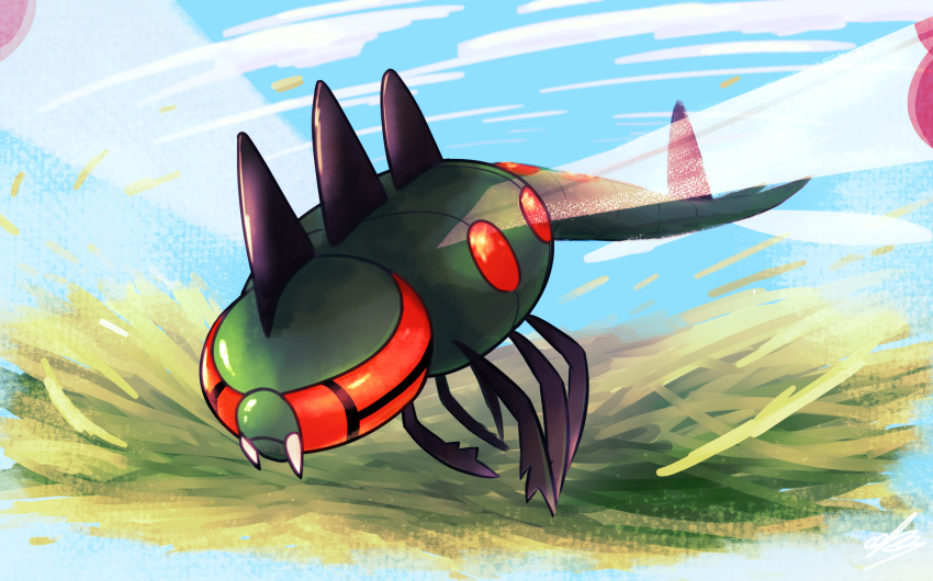 closed_mouth, clouds, commentary_request, day, ewokakukaede, fangs, flying, gen_4_pokemon, highres, no_humans, outdoors, pokemon, pokemon_(creature), sky, solo, yanmega
