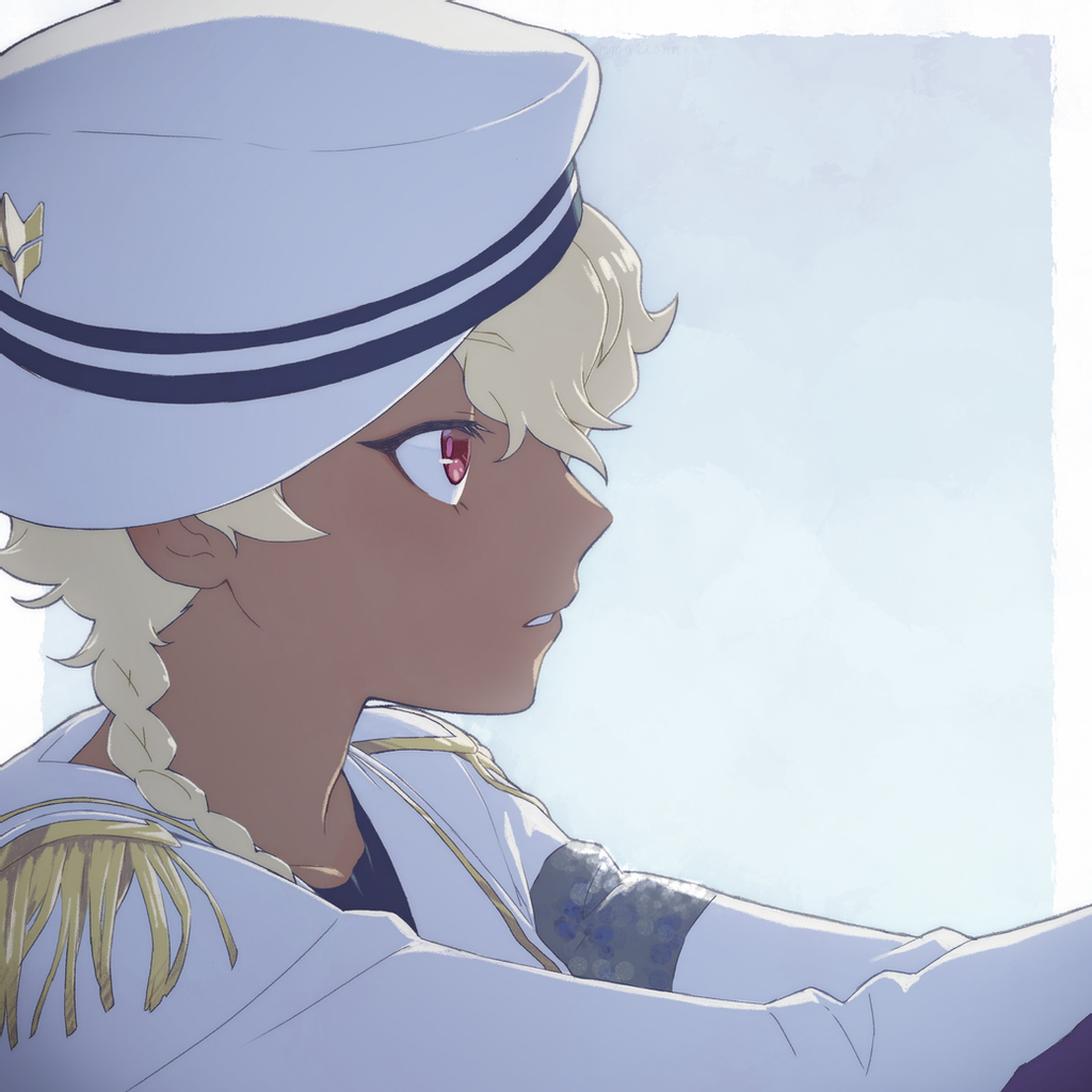 1boy, blonde_hair, braid, dark-skinned_male, dark_skin, gold_trim, gridman_universe, hat