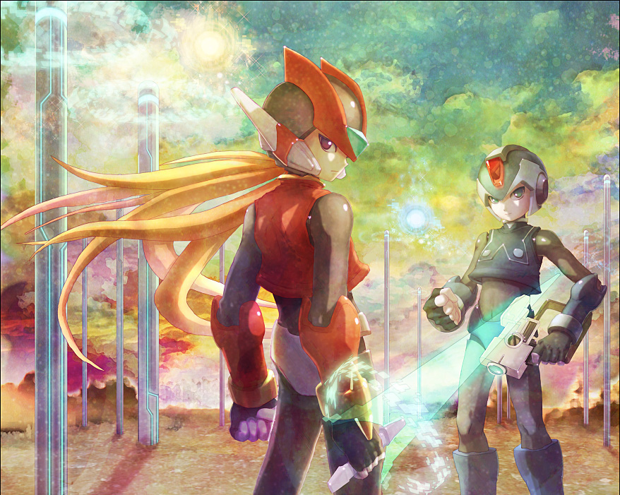 blue_eyes, energy_sword, gun, mega_man_(series), mega_man_zero_(series), piggy, purple_eyes, rockman