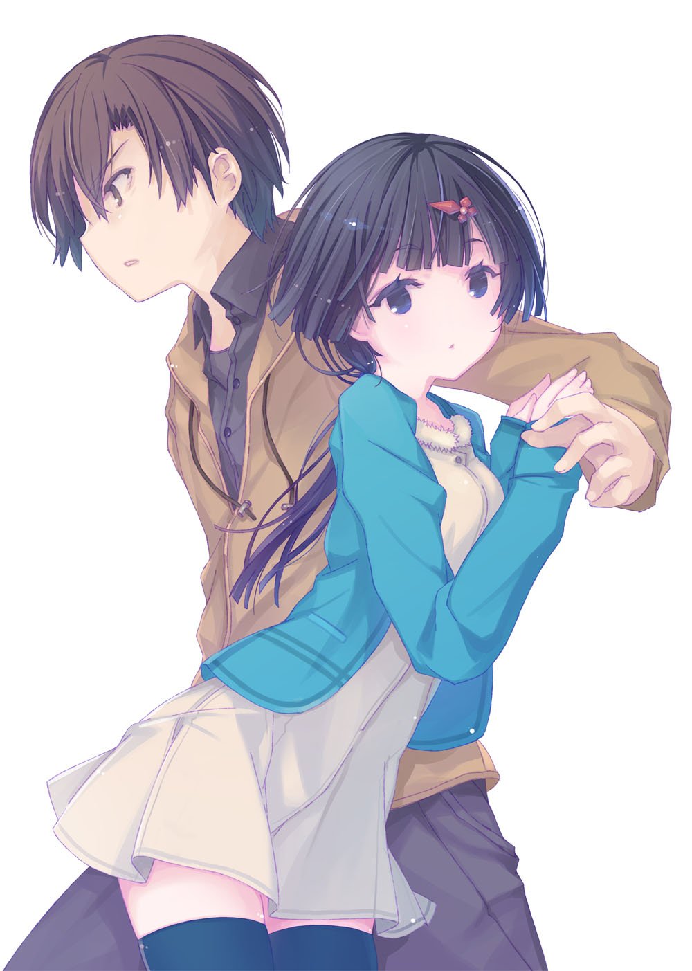 1boy, 1girl, akishino_himeka, aqua_jacket, black_hair, blue_eyes, breasts, cover_image