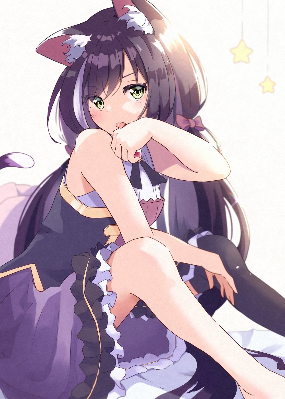 1girl, animal_ear_fluff, animal_ears, arm_between_legs, bangs, bare_shoulders, black_hair, black_legwear
