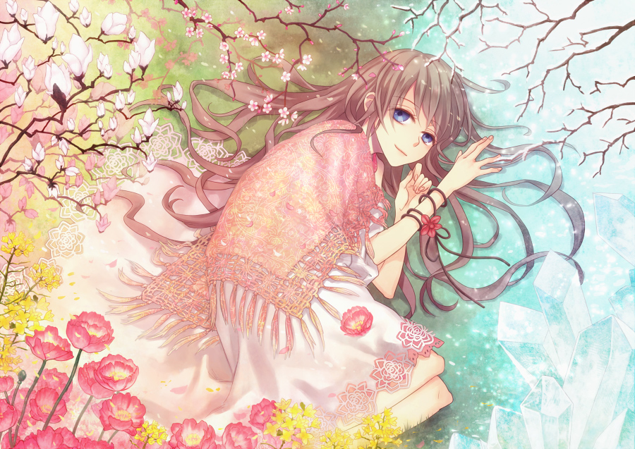 blue_eyes, branch, brown_hair, camellia_(flower), cherry_blossoms, flower, ice, long_hair