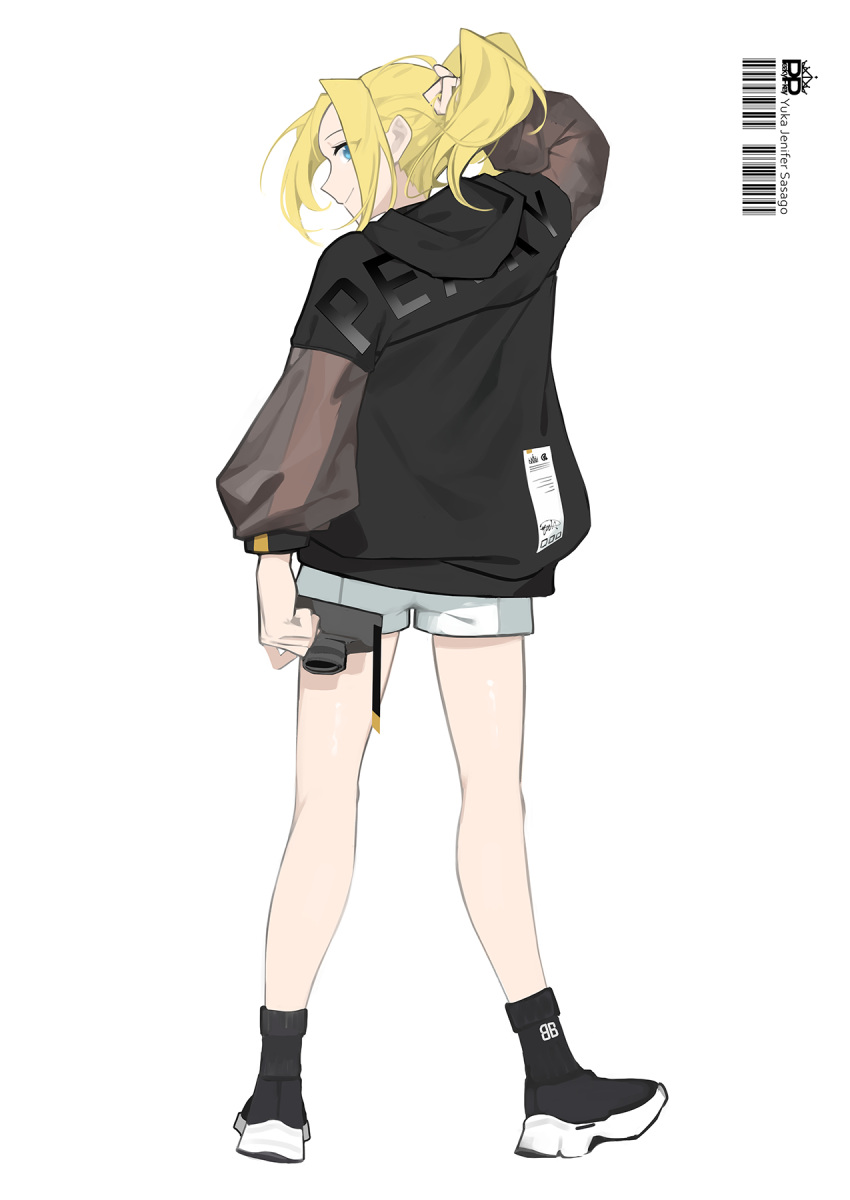 1girl, adjusting_hair, barcode, bare_legs, black_footwear, black_jacket, black_legwear, blonde_hair