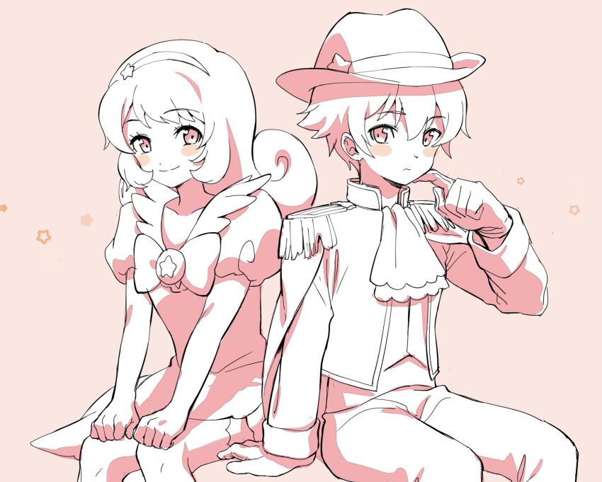 1boy, 1girl, ascot, blush_stickers, bow, bowtie, clenched_hands, closed_mouth