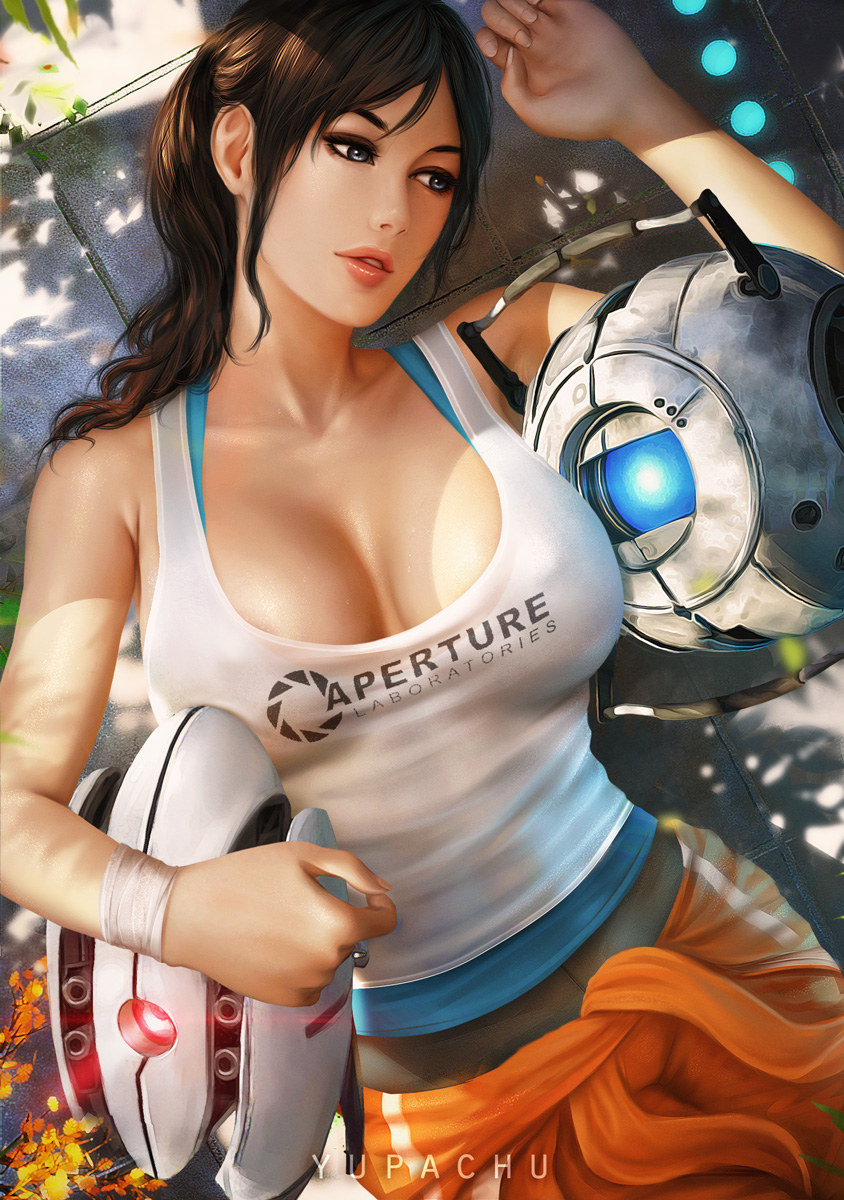 1girl, aperture_laboratories, breasts, brown_hair, chell, covered_nipples, cowboy_shot, dappled_sunlight
