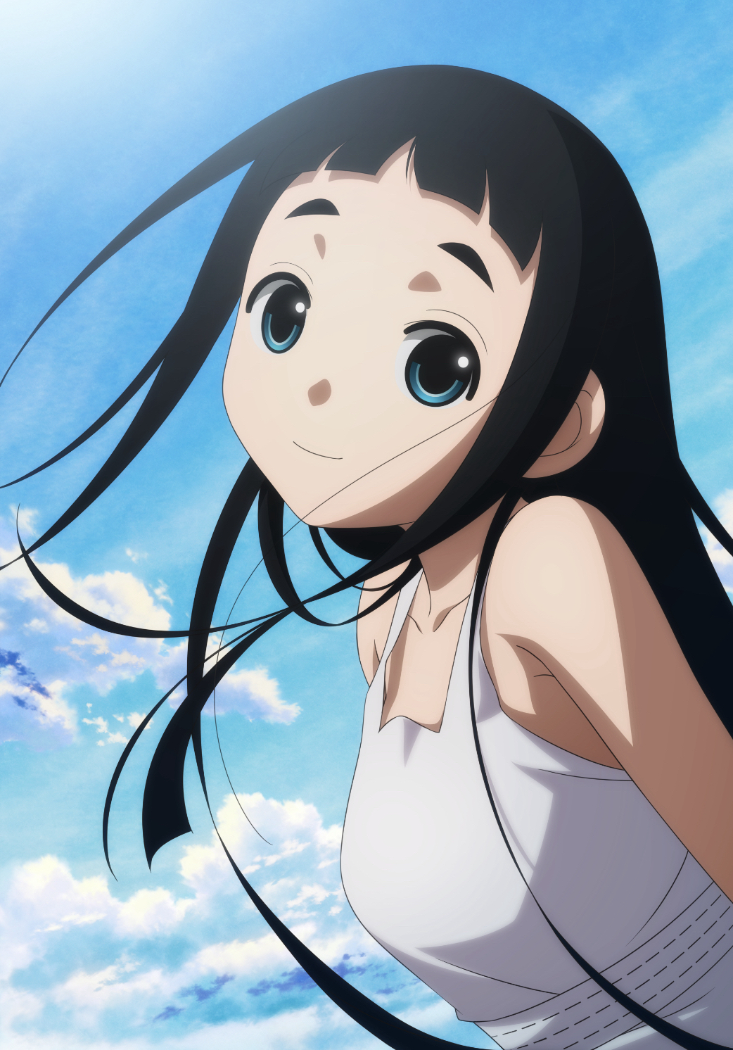 1girl, armpit_crease, arms_at_sides, backlighting, bangs, bare_arms, black_hair, blue_eyes