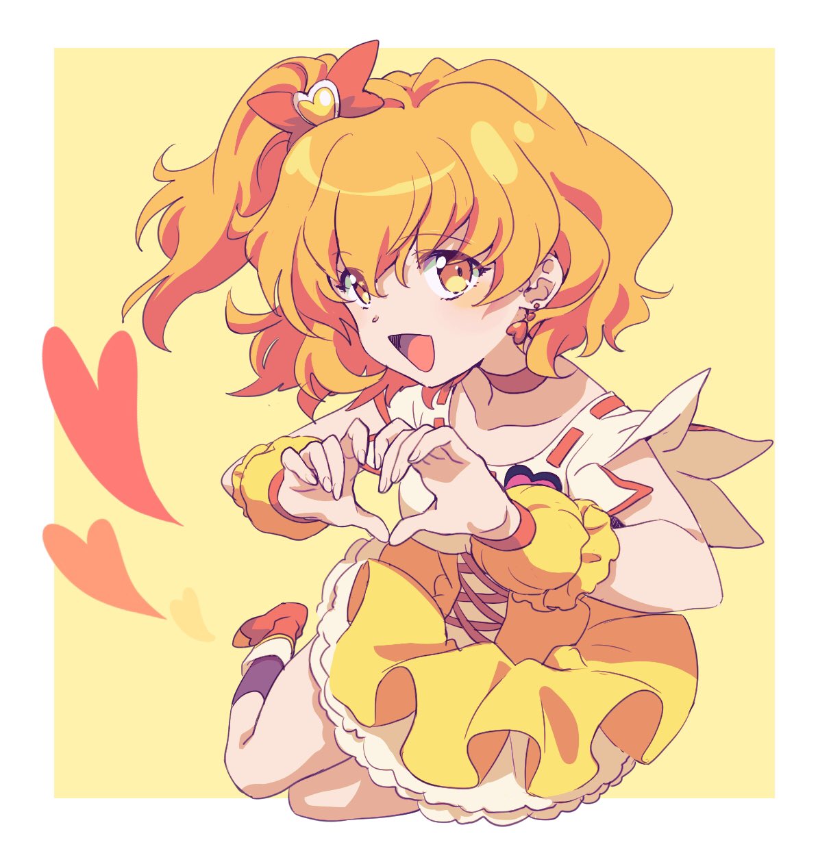 1girl, :d, black_legwear, boots, border, bow, choker, collarbone, commentary_request, cure_pine, dress, earrings, eyebrows_visible_through_hair, eyes_visible_through_hair, foreshortening, fresh_precure!, hair_between_eyes, hair_bow, heart, heart_bow, heart_earrings, heart_hands, highres, jewelry, open_mouth, orange_bow, orange_choker, orange_footwear, outside_border, precure, short_sleeves, side_ponytail, smile, socks, solo, white_border, wrist_cuffs, yellow_dress, yuzu_sato
