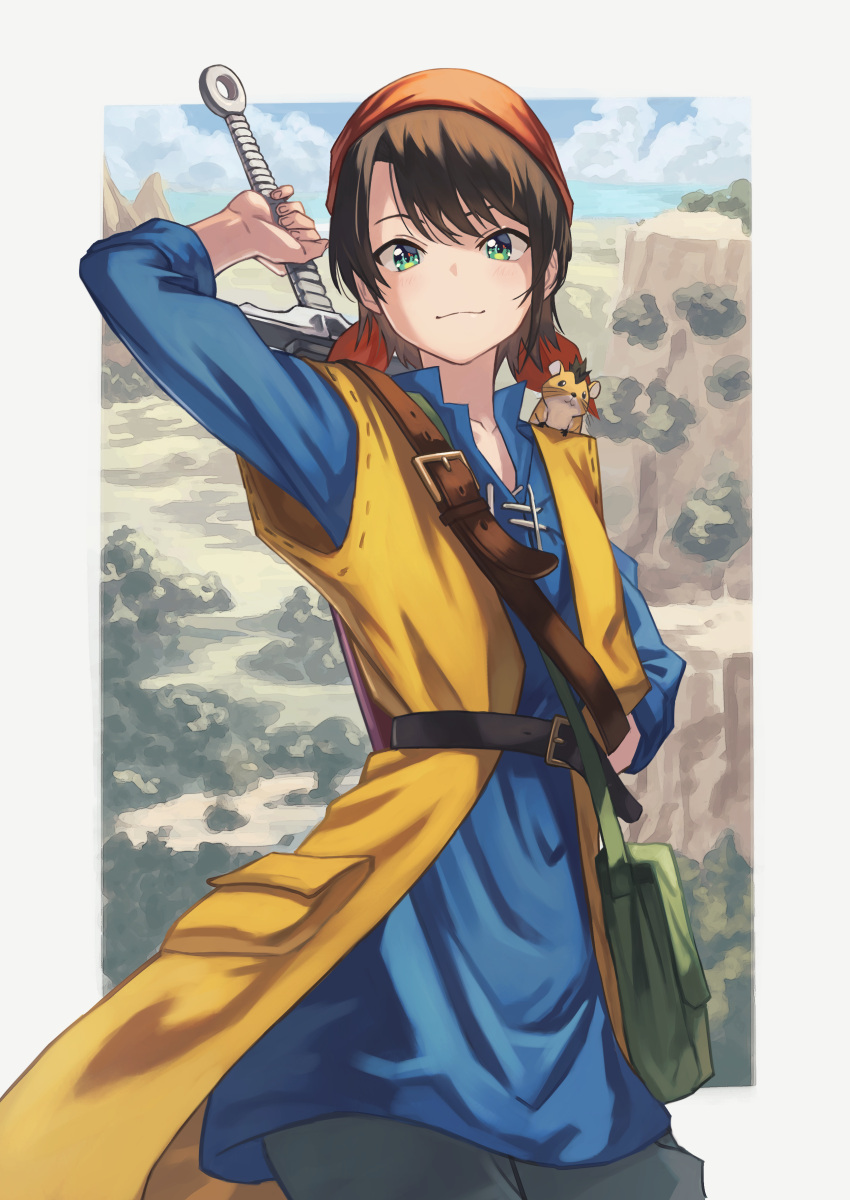 1girl, absurdres, animal_on_shoulder, bandana, belt, black_hair, cosplay, dragon_quest, dragon_quest_viii, green_eyes, hara_kenshi, hero_(dq8), hero_(dq8)_(cosplay), highres, hololive, munchie_(dq8), oozora_subaru, smile, sword, virtual_youtuber, weapon, weapon_on_back