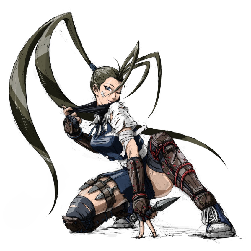 1girl, armband, bandage_on_face, bandages, bangs, black_hair, blue_eyes, blue_skirt, breasts, full_body, gloves, highres, holding, holding_knife, ibuki_(street_fighter), kneeling, knife, kunai, long_hair, looking_at_viewer, miniskirt, necktie, nom1207, one_eye_closed, open_mouth, ponytail, shin_guards, shirt, shoes, short_sleeves, simple_background, skirt, smile, sneakers, solo, torn_clothes, very_long_hair, weapon, white_background