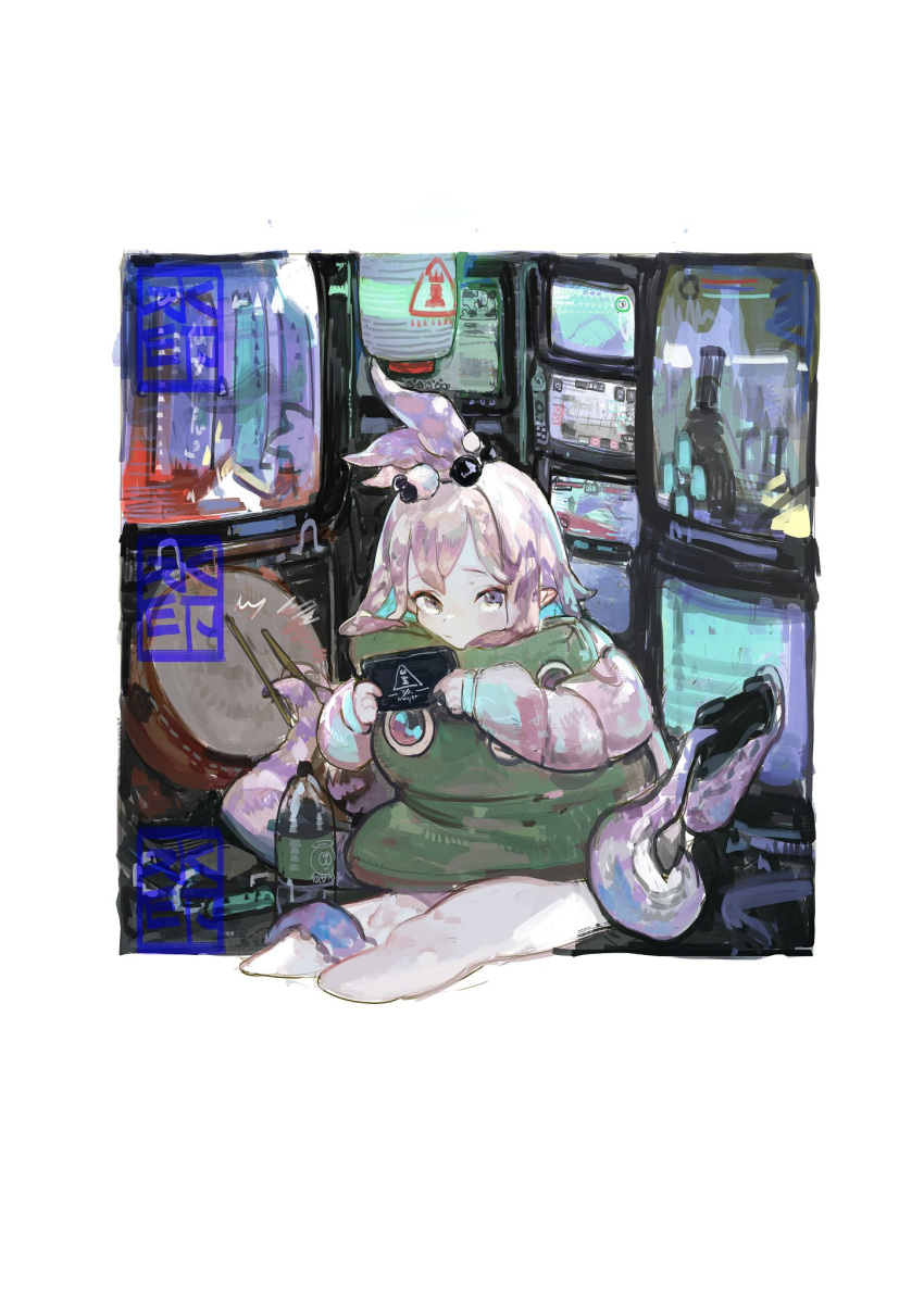 1girl, arknights, border, cable, closed_mouth, commentary_request, controller, drumming, drumsticks, game_controller, highres, holding, holding_controller, holding_game_controller, indoors, kirara_(arknights), lantern, looking_at_viewer, monster_girl, motion_lines, outside_border, paper_lantern, pillow, pillow_hug, pipidan, playing_games, rhodes_island_logo, soda_bottle, solo, squid_girl, taiko_no_tatsujin, television, tentacle_hair, tentacle_limbs, tentacles, video_game, violet_eyes, white_border