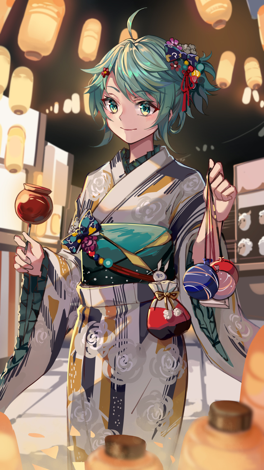 1girl, absurdres, bishounen, blurry, blush, bow, candy_apple, closed_mouth