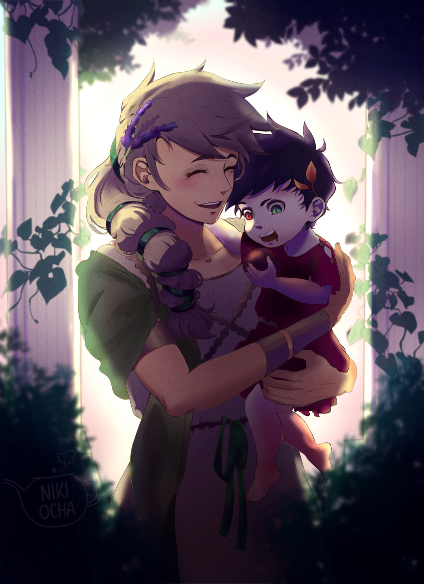 1boy, 1girl, ^_^, absurdres, artist_name, black_hair, blonde_hair, carrying