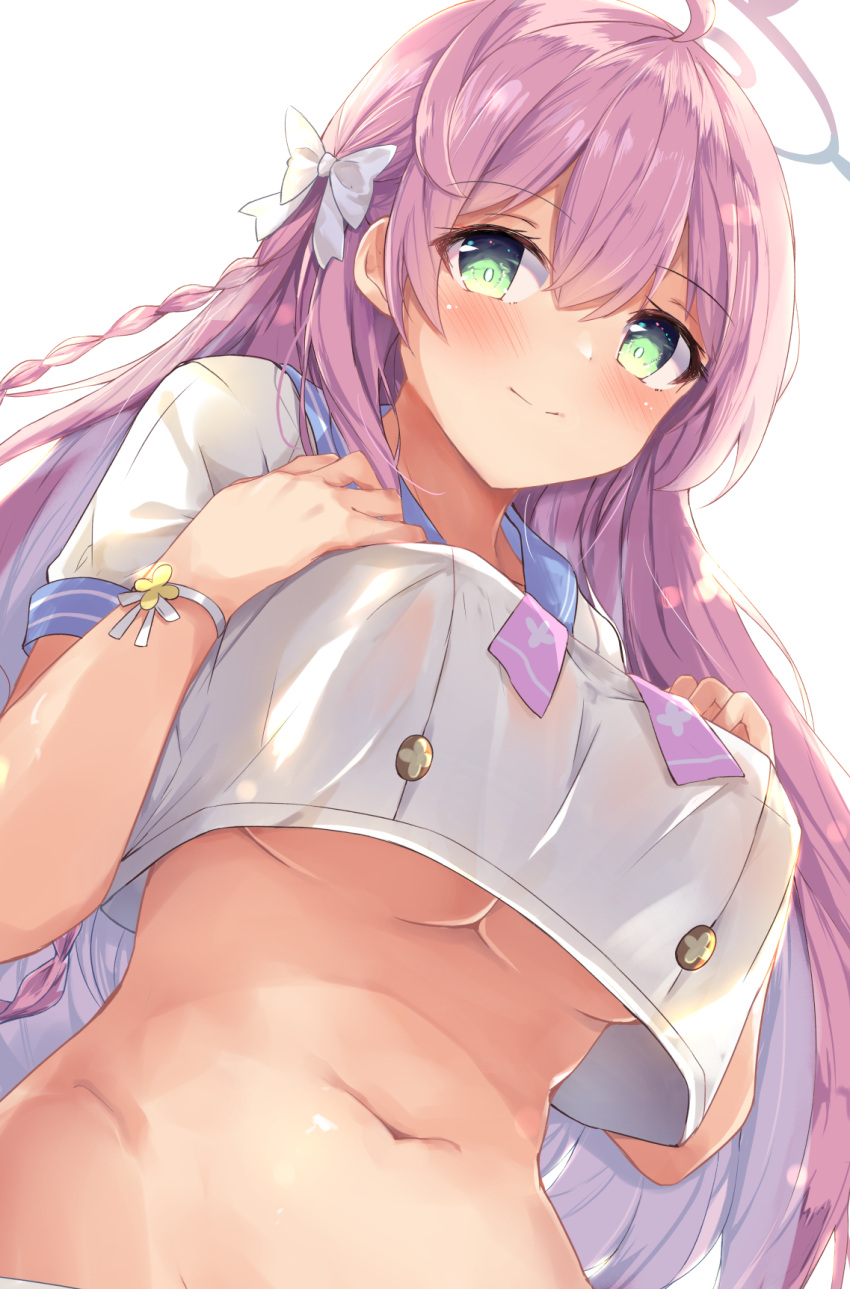 1girl, ahoge, bangs, blue_archive, blue_sailor_collar, blush, braid, breasts, commentary_request, crop_top, eyebrows_visible_through_hair, from_below, green_eyes, hair_between_eyes, halo, hanako_(blue_archive), hands_on_own_chest, highres, hinata_yuu_(atelierhinata), large_breasts, long_hair, looking_at_viewer, navel, pink_hair, sailor_collar, shirt, short_sleeves, smile, solo, stomach, under_boob, upper_body, white_background, white_shirt, wristband