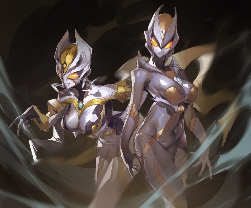 2girls, absurdres, alien, arm_scarf, breasts, camearra, carmeara, color_timer