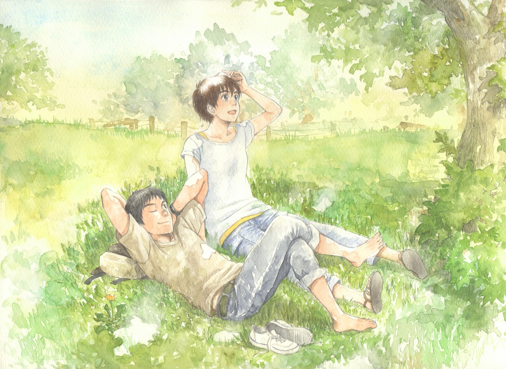 1boy, 1girl, arms_behind_head, backpack, bag, barefoot, black_eyes, black_hair