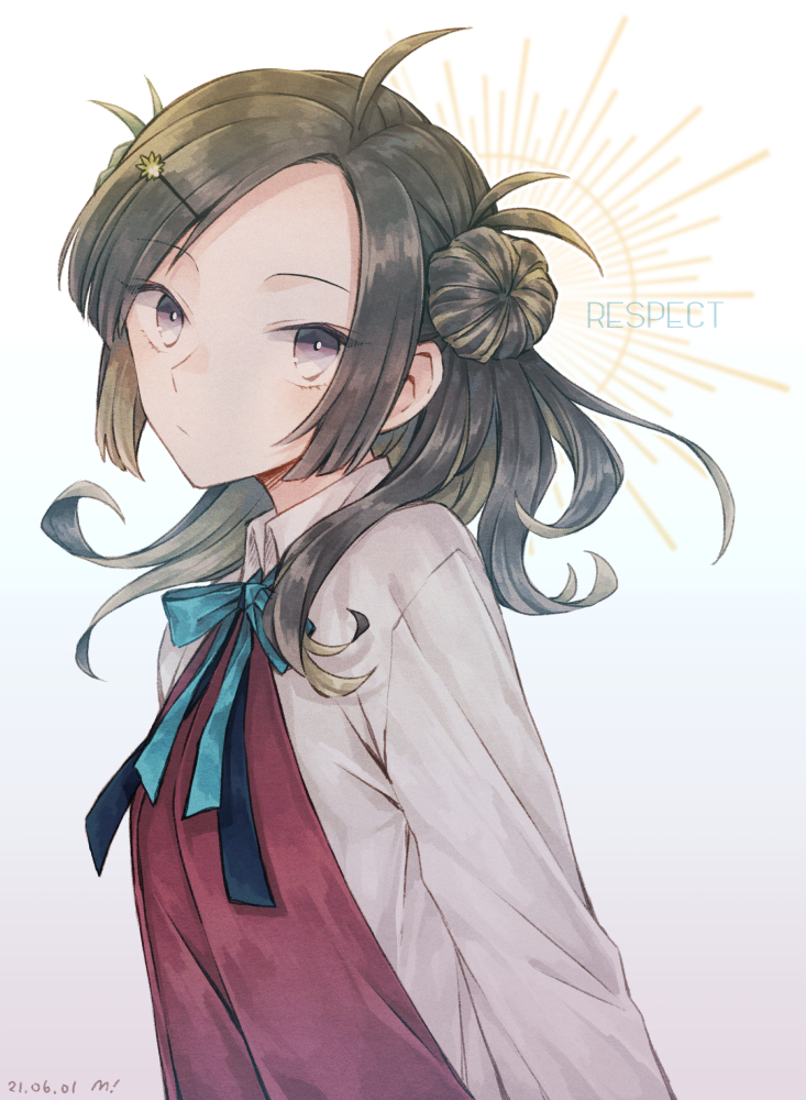 1girl, ahoge, bangs, black_hair, closed_mouth, dated, double_bun, dress