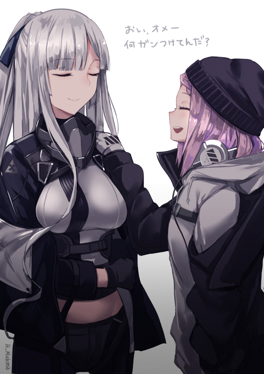 2girls, ak-12_(girls_frontline), beanie, closed_eyes, girls_frontline, gloves, hat, headphones
