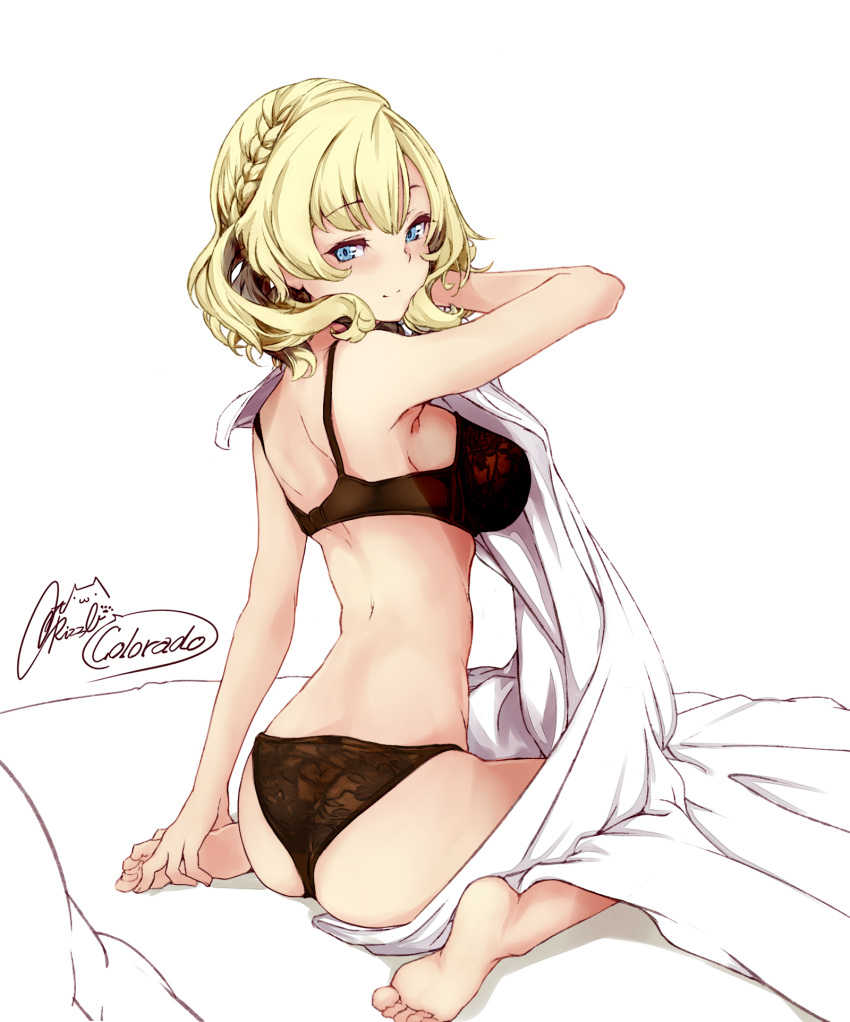 1girl, ass, bangs, bare_arms, bare_shoulders, barefoot, blonde_hair, blue_eyes