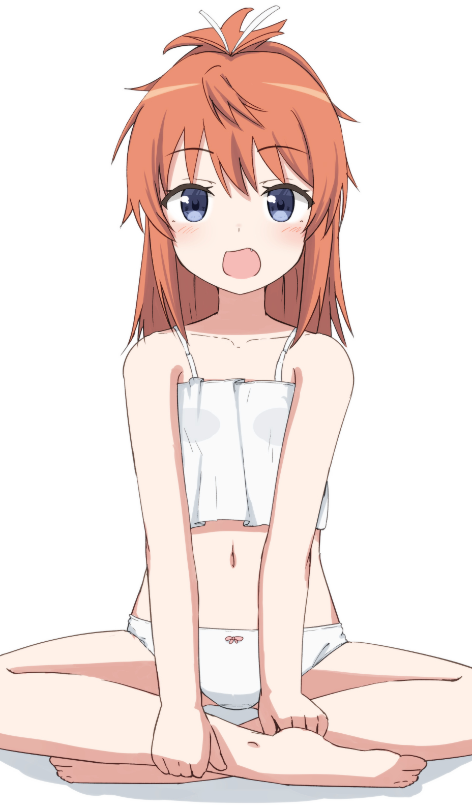 1girl, bangs, bare_arms, bare_legs, bare_shoulders, barefoot, blue_eyes, blush