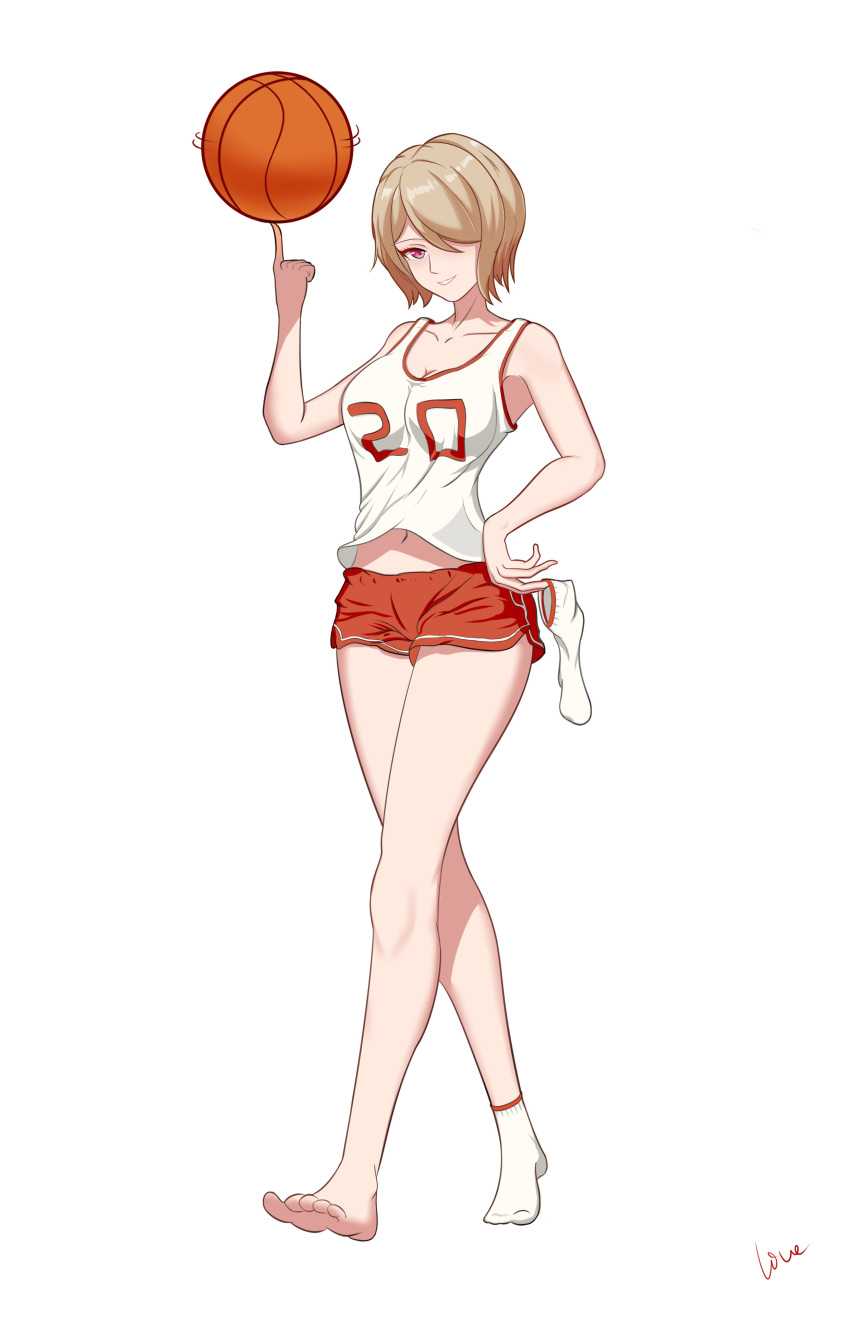 1girl, absurdres, barefoot, basketball, basketball_jersey, basketball_uniform, brown_hair, full_body