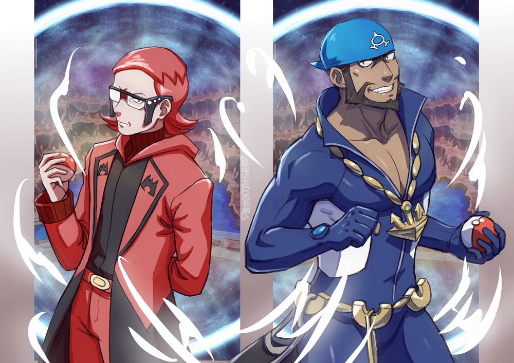 2boys, anchor_necklace, archie_(pokemon), arm_behind_back, beard, black-framed_eyewear, black_shirt, blue_bandana
